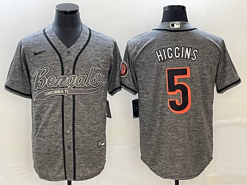 Men's Cincinnati Bengals #5 Tee Higgins Grey With Patch Cool Base Stitched Baseball Jersey Men's Cincinnati Bengals #5 Tee Higgins Grey With Patch Cool Base Stitched Baseball Jersey